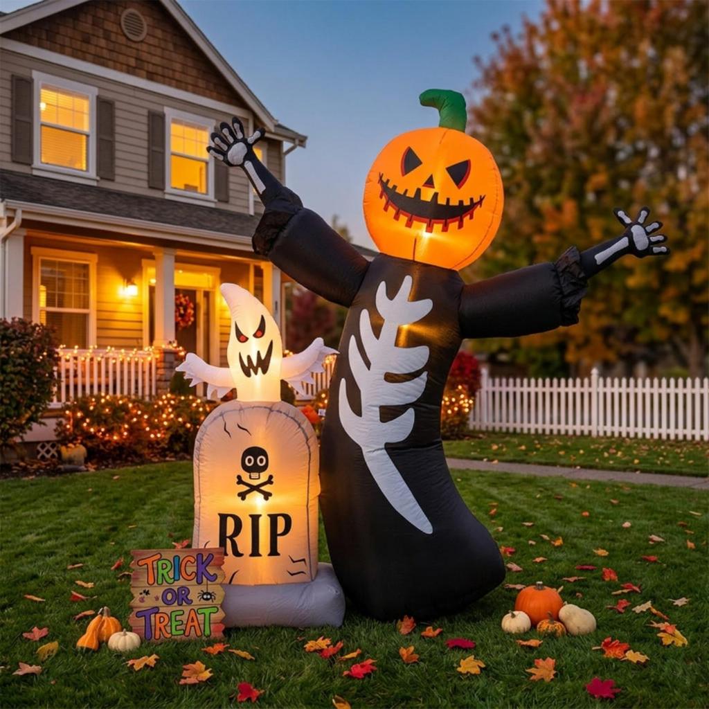Inflatable Skeleton with Pumpkin Head Freestanding Tombstone Specters Spooky