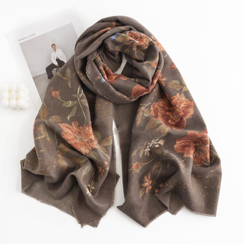 

Осенне-зимний европейский и американский этнический стиль с короткими кисточками и принтом в виде роз, женский платок, шарф, шарф, искусственный кашемировый шарф 190*65cm