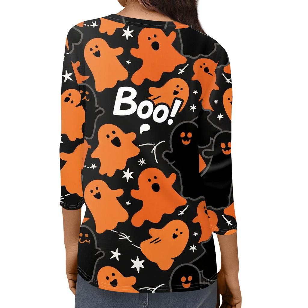 Women's Fashion Casual Three-quarter Sleeve Halloween Printed Round Neck Top