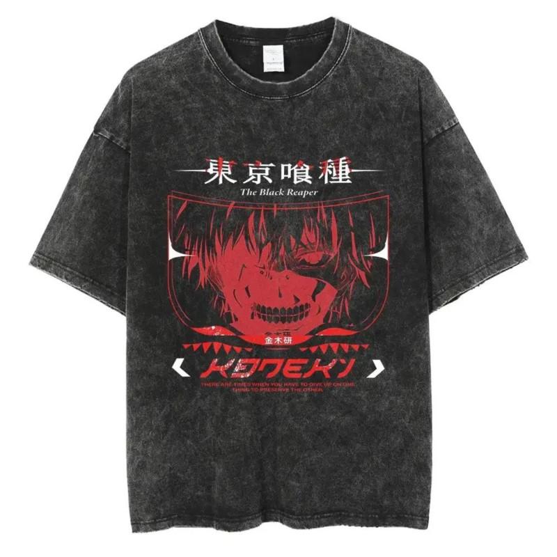 Horké Anime Tokyo Ghoul Grafické Prané Tričko s Pavoučí Lilií Pánské Vintage Trička Y2k Bavlněné Tričko Harajuku Pánské Ležérní Topy