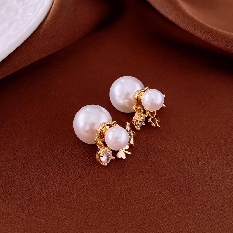Metallic Star Flower Imitation Pearl Silver Needle Earrings Real Gold Electroplating Temperament Earrings