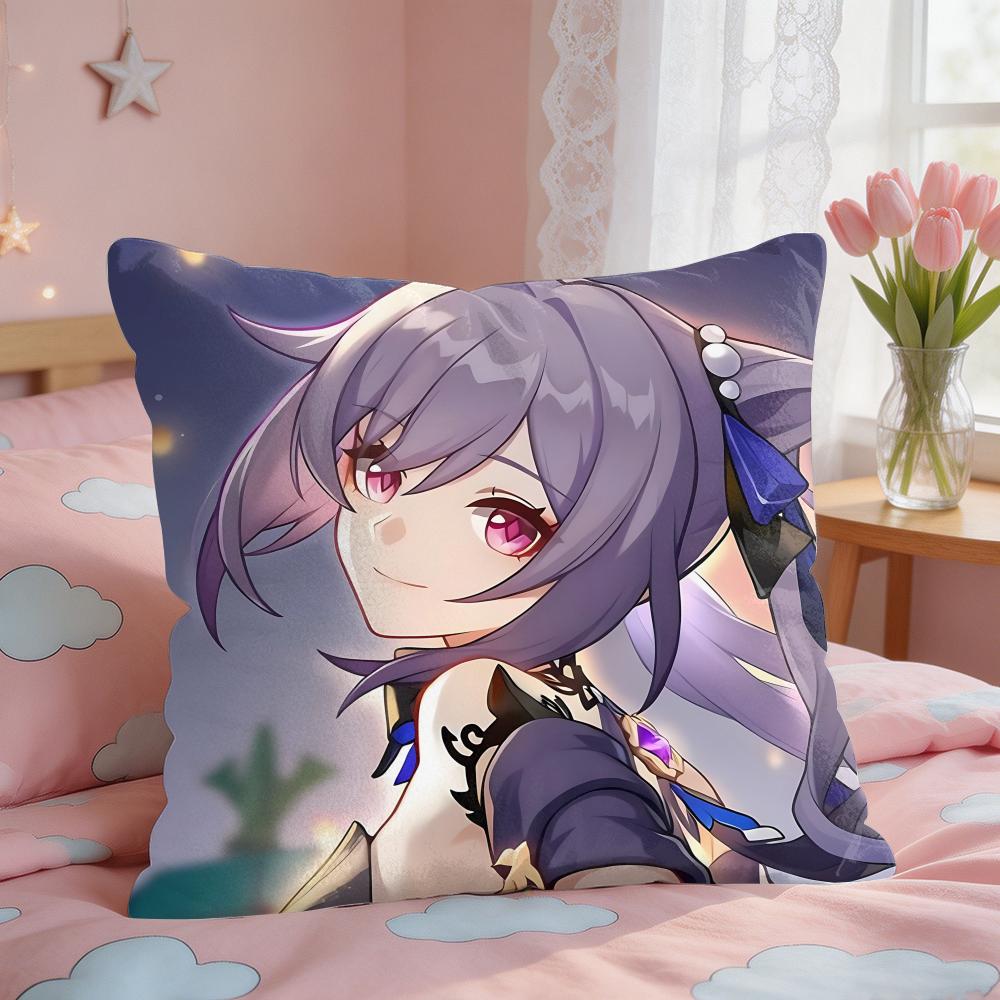 Keqing Genshin Impact Cushion Cover Square Short Plush Pillow Case Living Room Sofa Home Decor Funda X