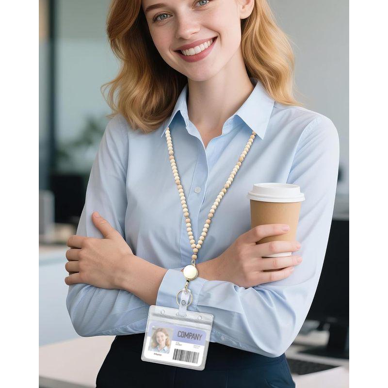 Wooden Beaded Retractable Keyring & ID Card Lanyard