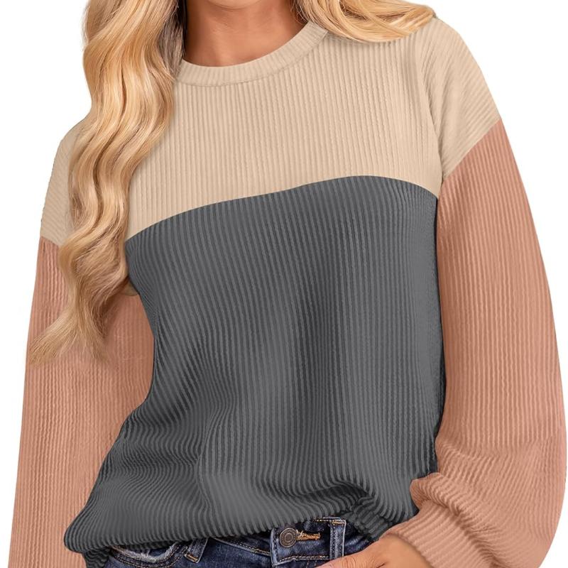Women Fashion Color Block Long Sleeve O-neck Knitted Ribbed Casual Loose Pullovers