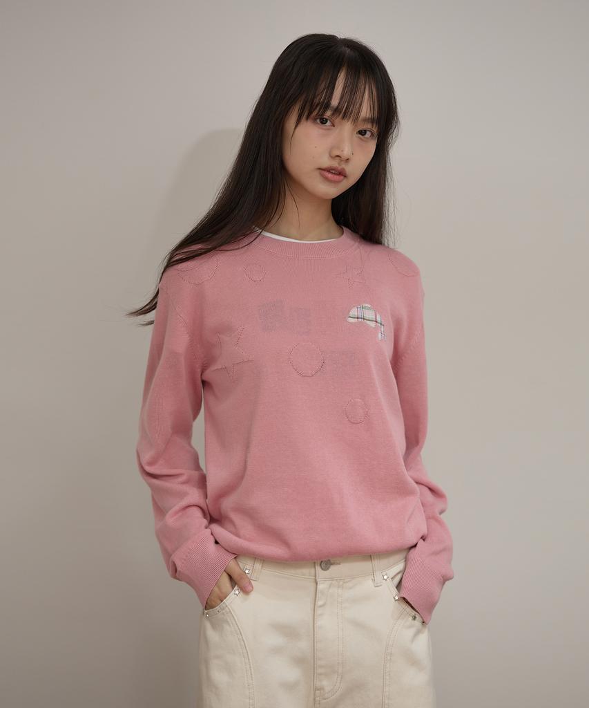 WAIKEI Dolphin Check Applique Crewneck Knit Pink