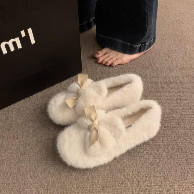 Fashion Women Furry Flats Shoes Fashion Butterfly-knot Slip on Shoes Warm Cartoon House Shoes for Winter