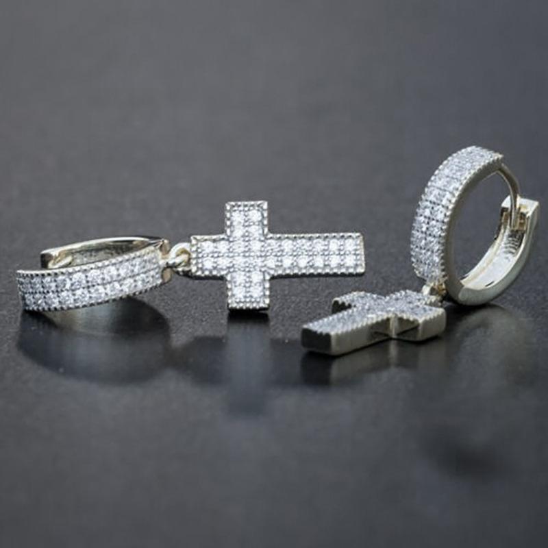 Silver Full Pave CZ Cross Dangle Hoop Earrings Micro Pave Cross Charm Huggie Earrings Hip Hop Men Women Jewelry