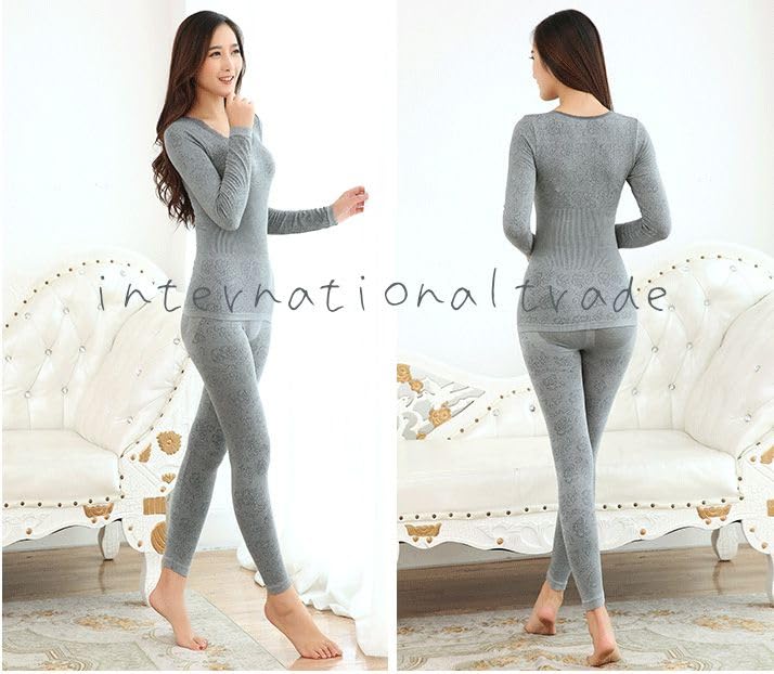 Fashion Warm Innerwear Winter Floral Long Sleeve Top and Round Gray Schicksal. Women's Set, 2-Piece Set, Underwear, Warmth, Print, Colorful, Pants,