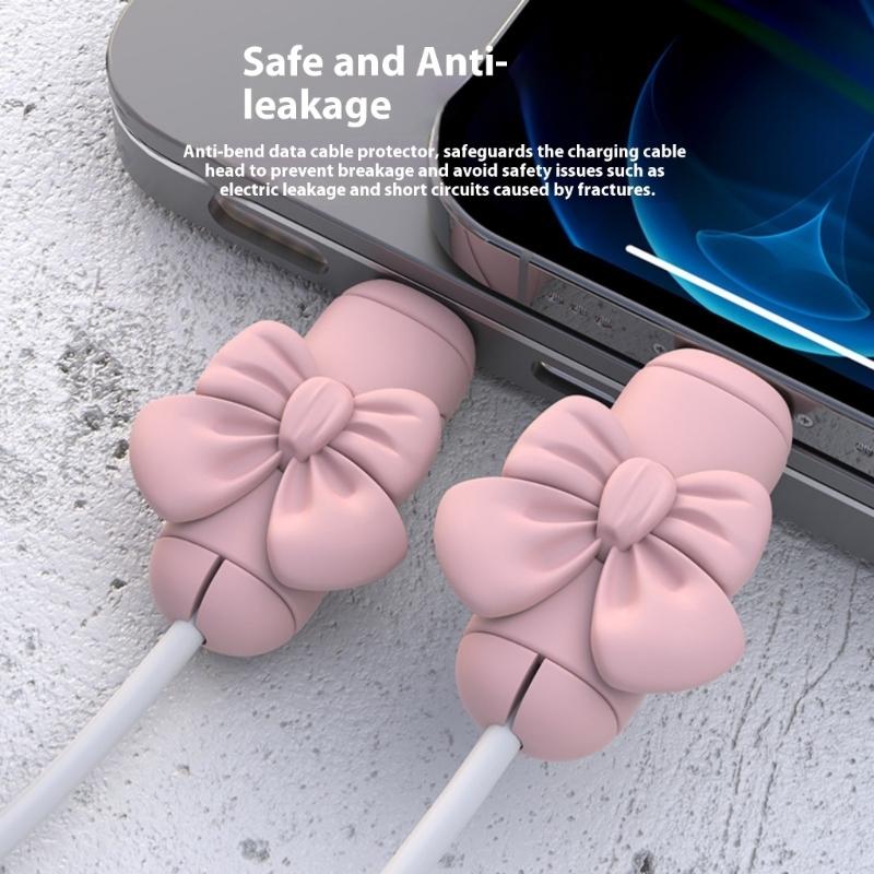 2 Pairs Silicone Charging Cable Protectors with Bowknot Design Fashionable Phone Accessories Wire End Guards for Cord