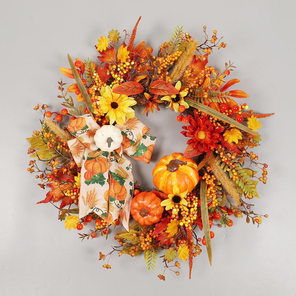 Fall Wreath For Front Door 20" Autumn Wreath With Lights Artificial Pumpkin Berry Wreath For Thanksgiving Halloween Home Decor