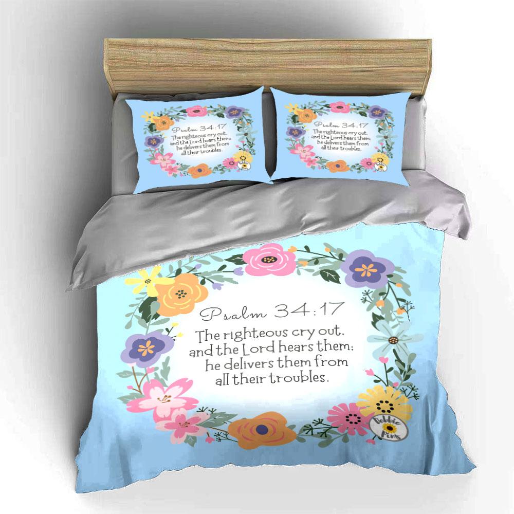 Inspirational Psalm Floral Design Set  Kid's and Adults' Bedroom Decor, Exquisite Three-piece Bedding Set Gift