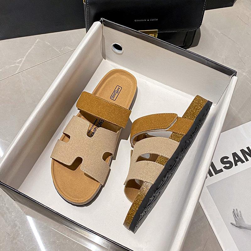 Slippers Women Summer Wear New Retro Velcro Cork Thick Bottom Beach Cool Slippers Large Size