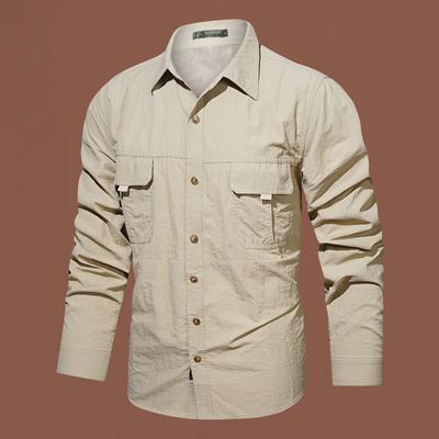 Camisa impermeable de secado rápido para exteriores, ropa de trabajo con múltiples bolsillos, camisa casual de color sólido de manga larga con solapa para hombres, ropa para hombres de mediana edad y jóvenes