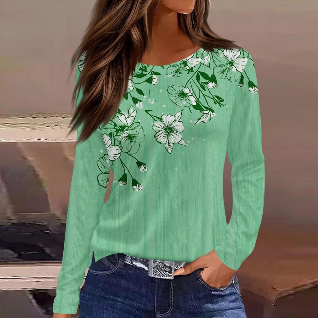 Women's Fashion Casual Slit Hem Round Neck Long Sleeve Loose Printed T-Shirt Ladies Top