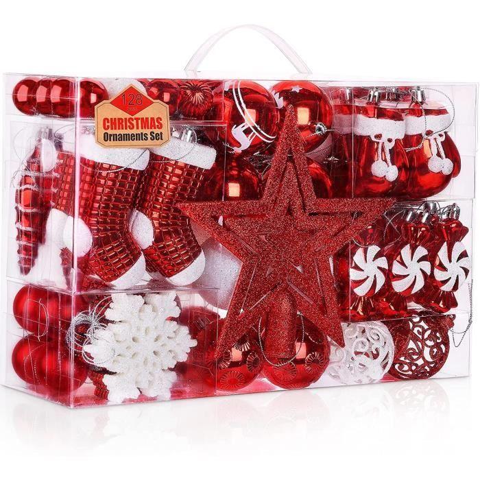 Boule de Noël - SOLEDI - Lot de 128 - Plastique Incassable - Rouge et Blanc - Décoration Sapin