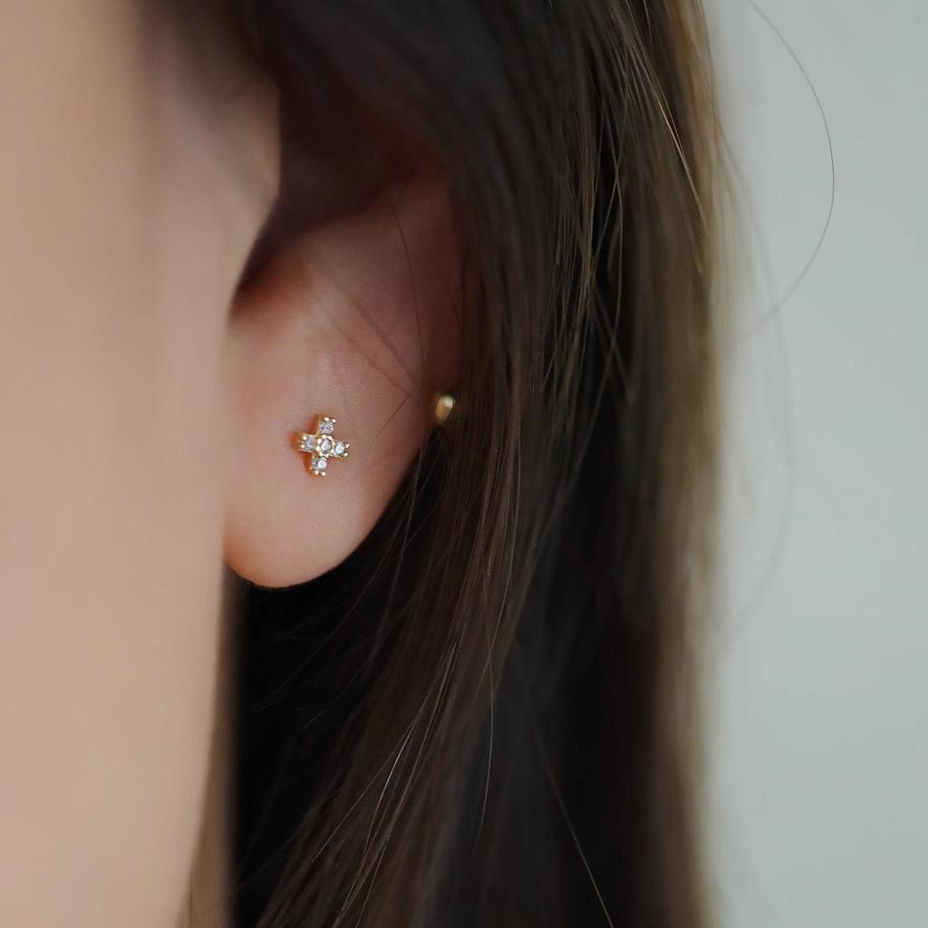 18K Gold Plated 925 Sterling Silver Mini Cross Screw Stud Earrings - Sleep-Friendly, Versatile for Daily Wear