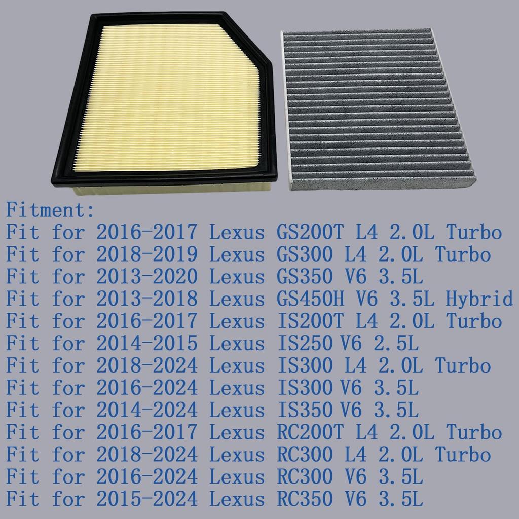 Engine & Cabin Air Filter Fit for 2013-2024 Lexus GS200T GS300 GS350 GS450H IS200T IS250 IS300 IS350 RC200T RC300 RC350 Replace 17801-31170
