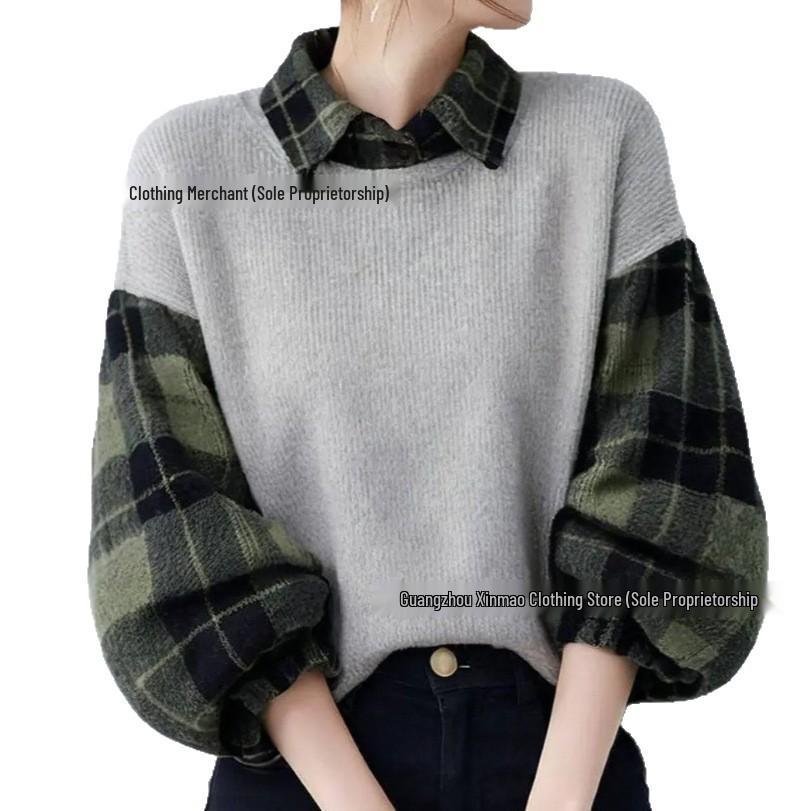 Women's Fashionable Knit Plaid Sweater: Elegant & Versatile Fake Two-Piece for Spring & Fall