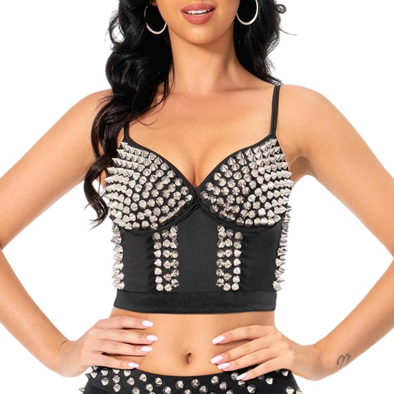 

Women Tank Top Slings Tube Top Punk Rivets Bustier Vest Crop Top Corset Bra Summer Dances Party Raves Outfit Clubwears срібний