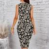 Women Plus Size Sleeveless Round Neck Midi Bodycon Dress Light Blue Vintage Floral Gradient Print Slim Fit Dress
