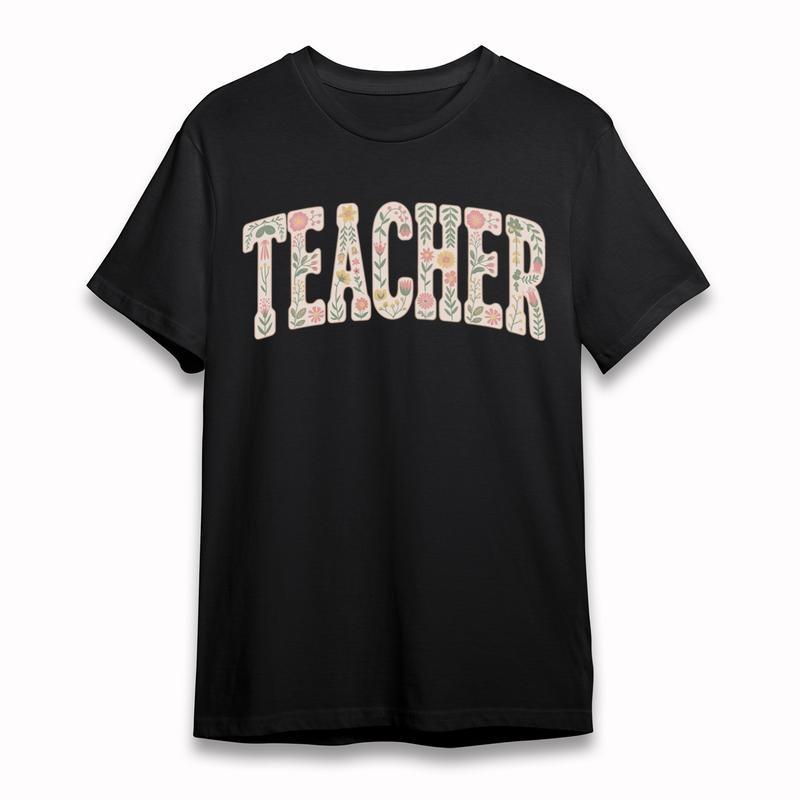 Women's Plus Size Classic T-Shirt Floral Filled TEACHER Lettering Design Tee