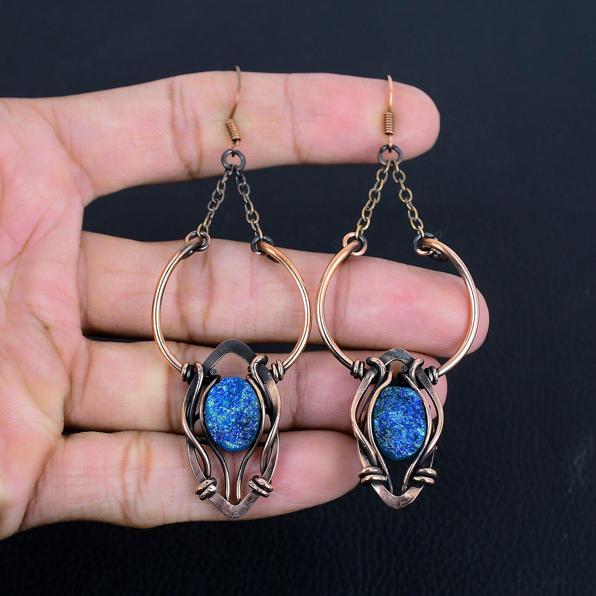 

Peacock Aura Druzy 999 Copper Wire Wrapped Earrings, Handmade Gemstone Earrings Jewelry, Gifts For Wife Brand New Earrings 2.55 Inches