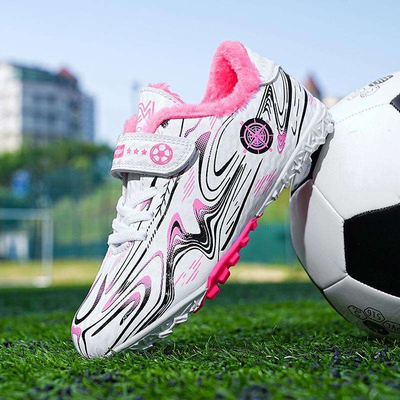 Kids' Fleece-Lined Soccer Shoes Non-slip Turf Sole Strap Breathable Printed Football Boots