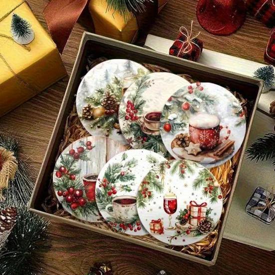 Yousheng 6Pcs/Set Christmas Coaster Snow Scene Pine Branch Print Coasters Waterproof Decorative Christmas Table Accessories