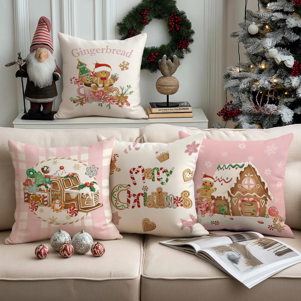 1/4 Peças Fronha de Almofada de Natal, Capa de Almofada Casa de Biscoitos de Gengibre Doce de Cana, Capa de Almofada para Decoração de Casa de Férias de Inverno