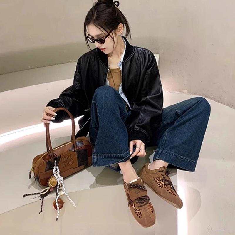Niche Design Sense Leather Leopard Print Forrest Gump Shoes Women's 2025 Autumn New Single Shoes Comfortable Sports and Leisure Moral Training Shoes