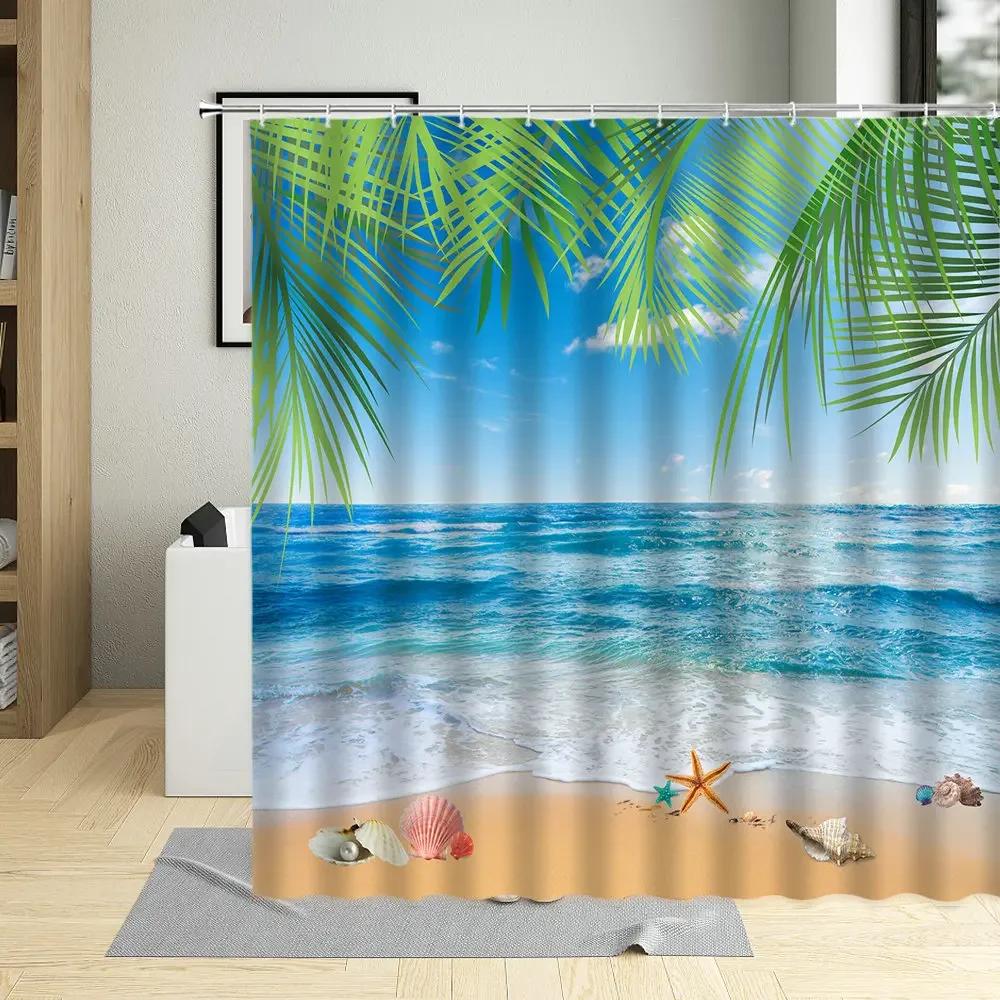 

3D Seaside Scenery Shower Curtain Ocean View Palm Tree Flower Butterfly Forest Waterfall Bathroom Curtains Hooks Waterproof Sets W60H190(CM)-1 Pcs
