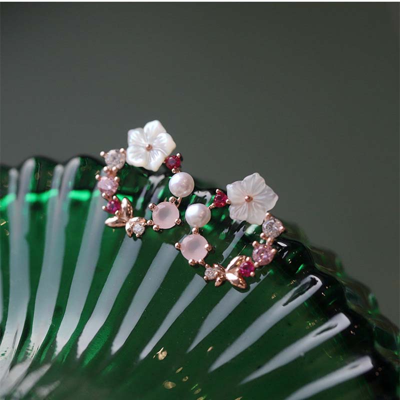 Y2k Pink Crystal Flower Pearl Butterfly Ear Studs Summer New Arrival Korean Fashion Luxury Hoop Earrings For Women Jewelry Gift