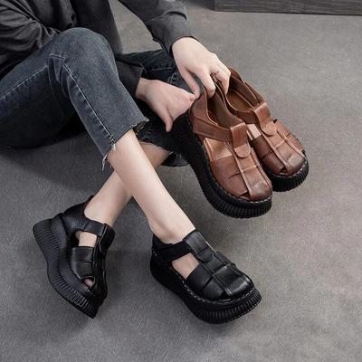 Fashion Wedges Sandals Genuine Leather Round Toe Thick Sole Elevated Women's Platform Shoes