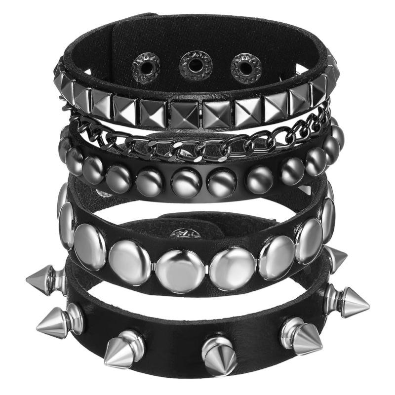 European & American Multilayer Wide Leather Bracelet with Punk Spikes & Rivets, Men's Hip Hop Beaded Jewelry.