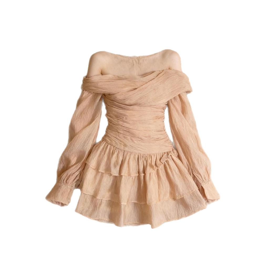 Elegant Spicy Girl Strapless Dress: Spring/Summer Sheer Pleated Waist-Cinched Slimming Long Sleeve Mini Skirt