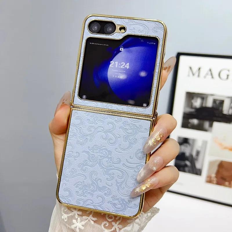 PU Leather Electroplate Luxury Phone Case for Samsung Galaxy Z Flip 6 5 4 3 Flip5 Flip4 Flip3 5G Protective Shockproof  Cover