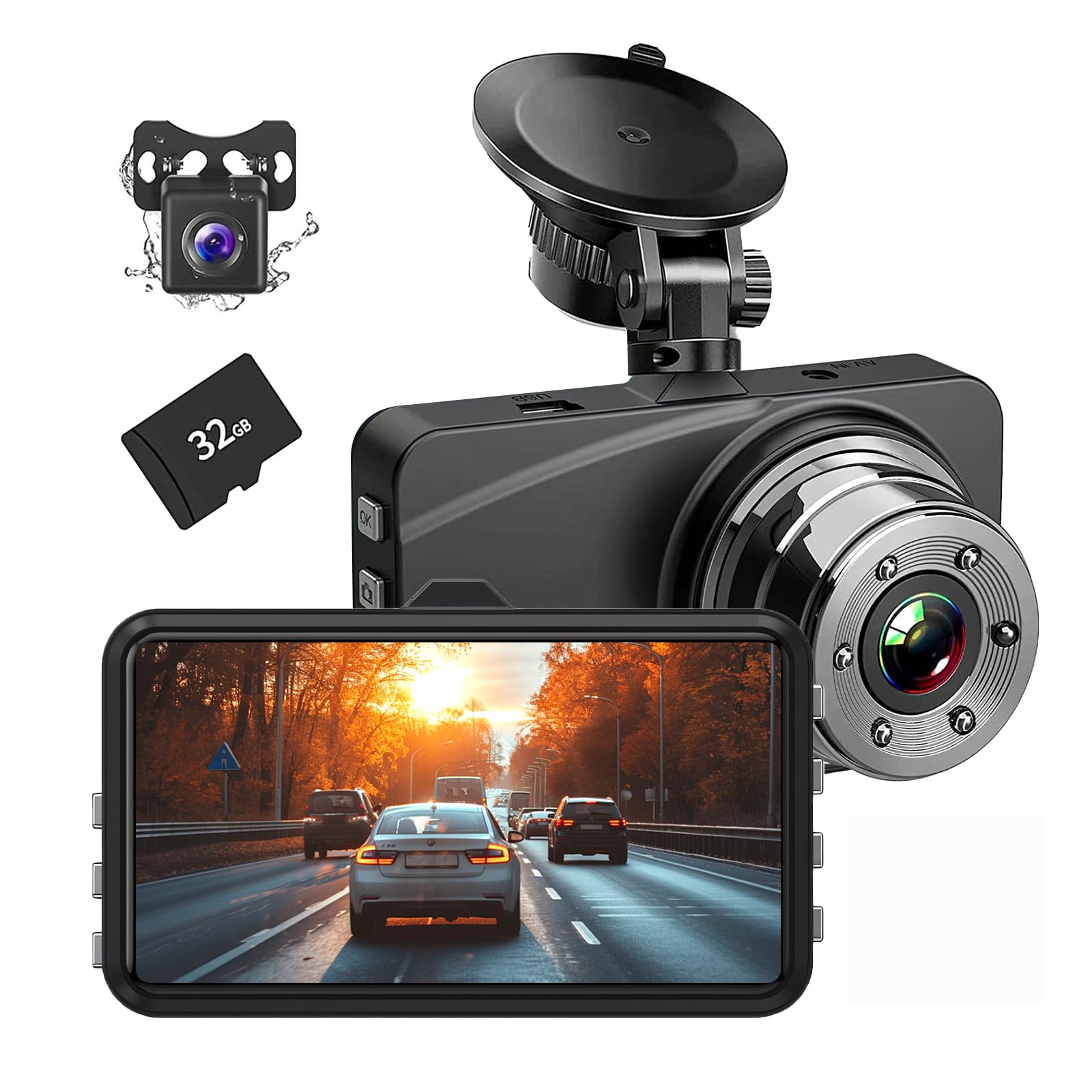 

DWCQRTM Compact Dash Cam with Dual Front and Rear LCD 32GB Card Image Correction Engine Automatic Emergency Motion Reverse Overwrite Nationwide LED
