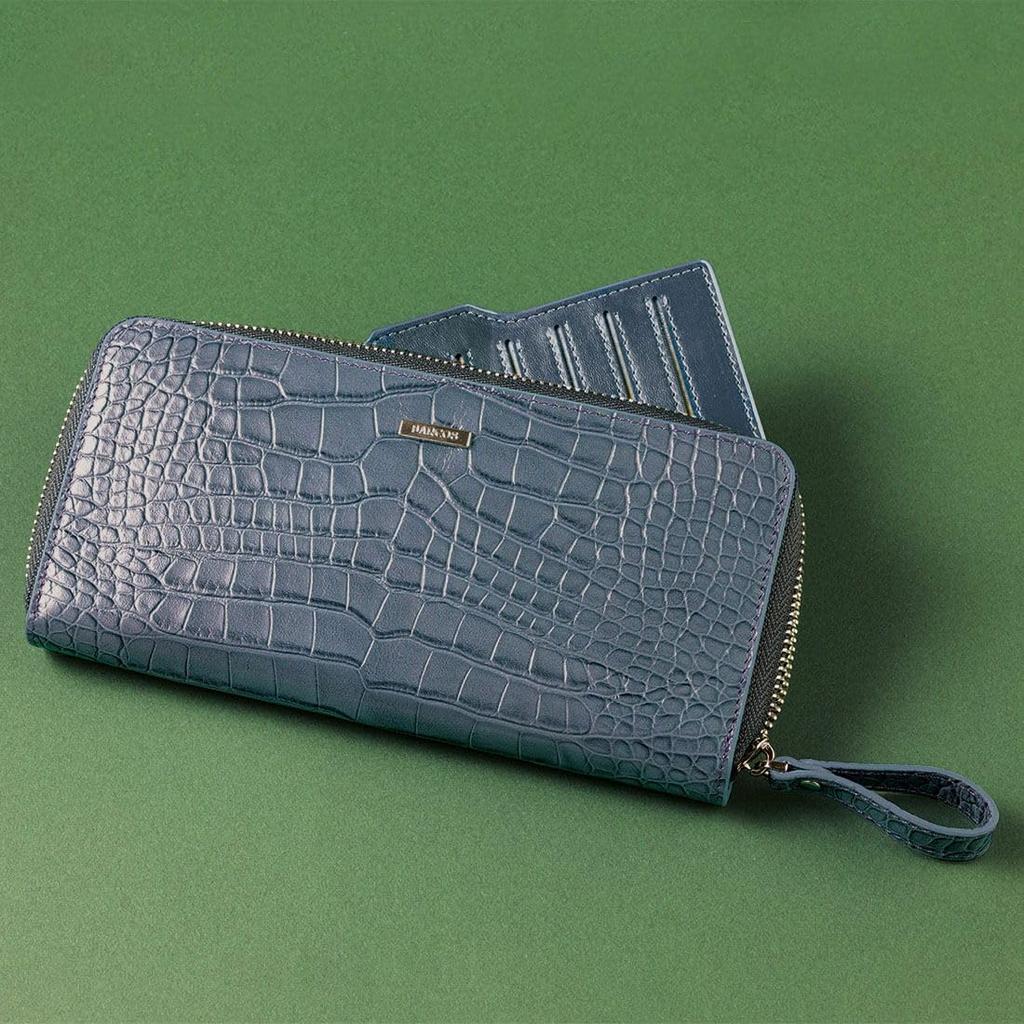 [Barcos] Long Wallet, Matte Leather, Crocodile Embossed, Round Shape, Card Slots, Trendy Muted Gray