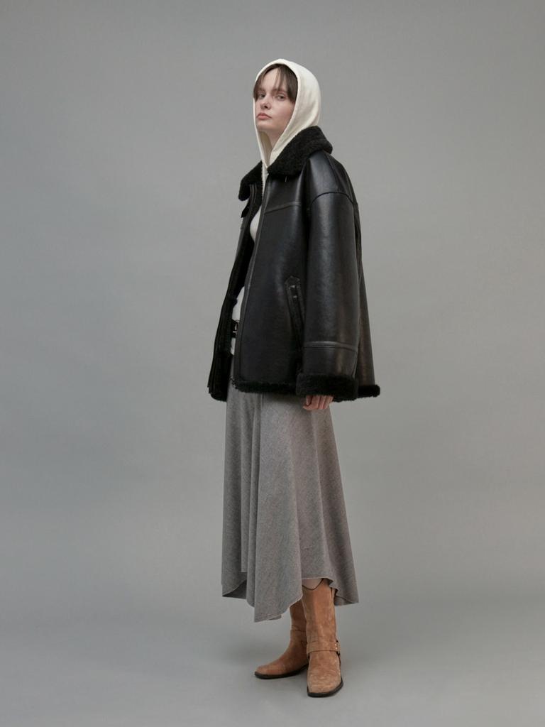 FROMWHERE Wool Draping Long Skirt Gray