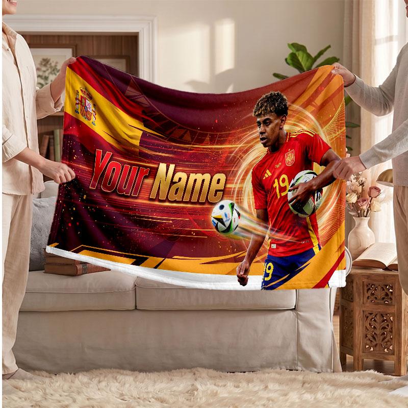 Coperta in pile personalizzata Lamine Yamal con logo del calcio, testo con nome personalizzato, morbida, calda, coperta da divano per la casa