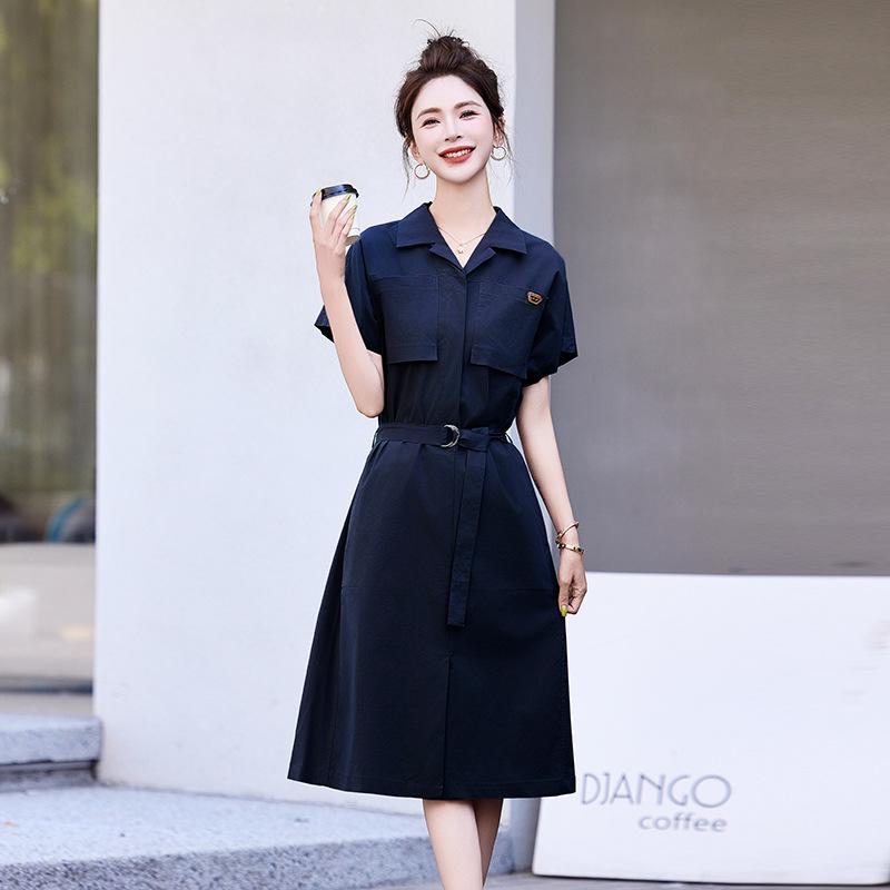 

Модное платье с коротким рукавом женское платье новая мода маленькая талия тонкое лацкан рубашка юбка XL тёмно-синий