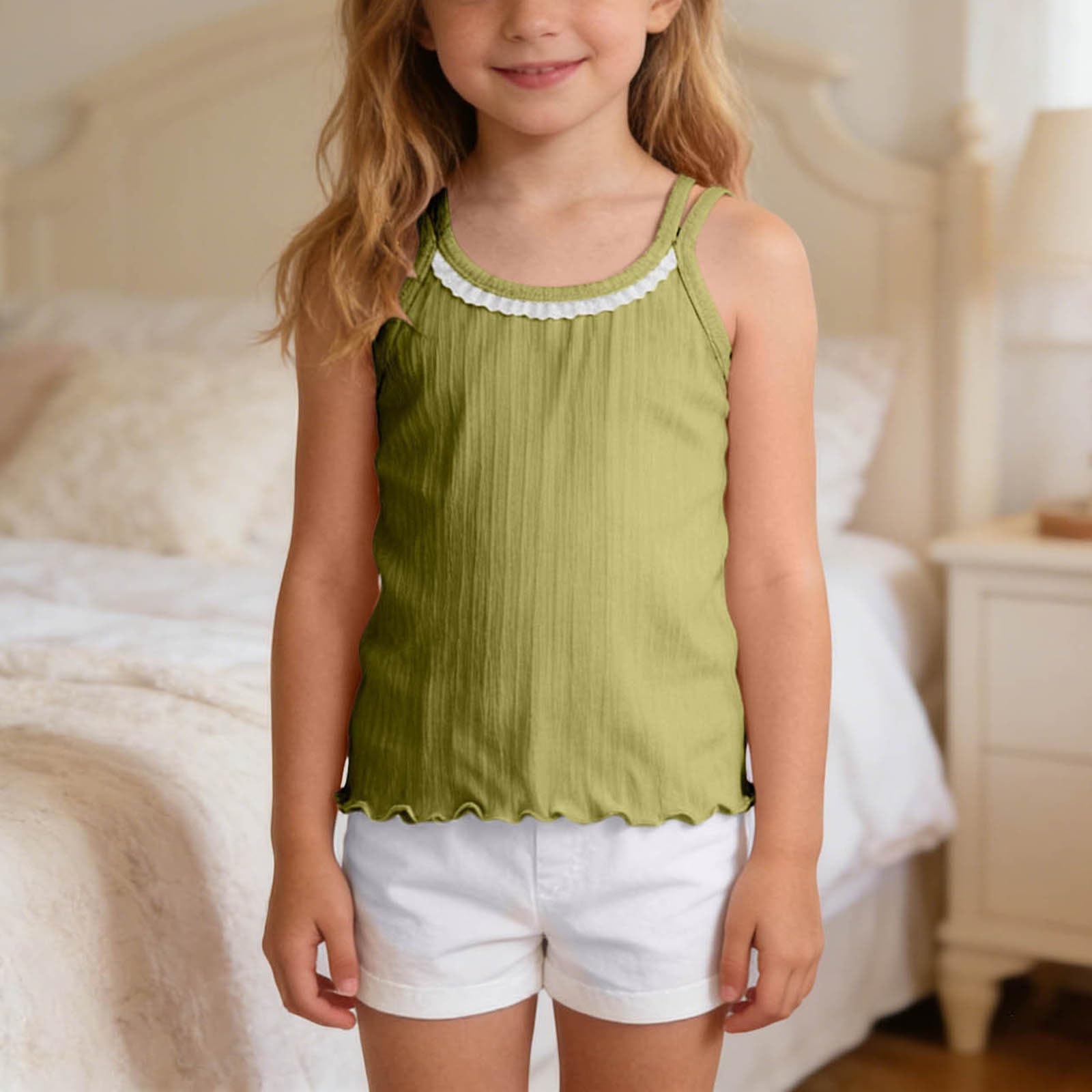Girls Ribbed Tank Top with Lace Trim Lightweight Sleeveless Camisole Soft Stretchy Fabric Comfortable Fit for Kids Summer Layering 110