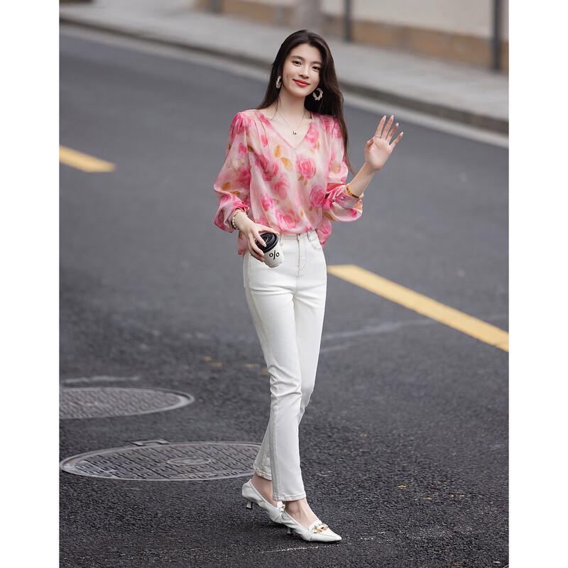 Demana Spring French Style Puff Sleeve Blouse with Gold Thread Print