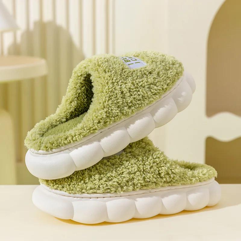 

Теплые домашние тапочки, корейские трендовые мужские зимние плюшевые домашние тапочки с толстой подошвой, мягкие, парные, нескользящие, прочные, хлопковые туфли 38-39 зелёный