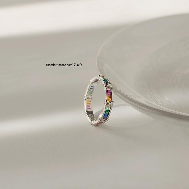 Beixi Women's High-End Sterling Silver Cross Ring with Rainbow Zirconia - Niche Luxury Cool Style