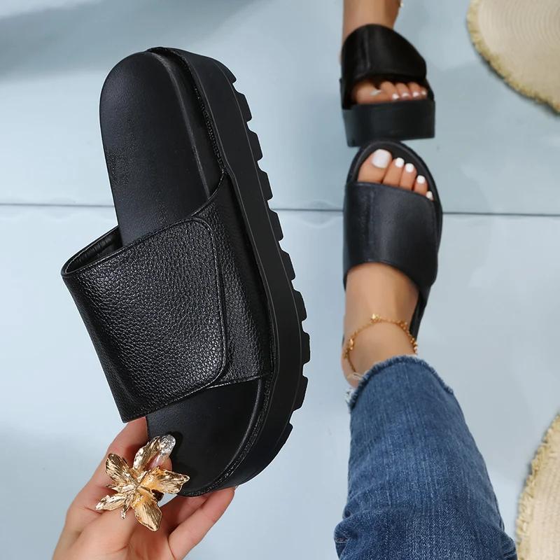 Rimocy Black PU Leather Platform Slippers Women Plus Size 43 Thick Soled Sandals Woman 2025 Summer Non-slip Slides Shoes Female