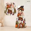 Women Plus Size Two Piece Dress Set Tie Neck Three Quarter Sleeve Cardigan Sleeveless Long Dress Halloween Ghost Pumpkin Printed White