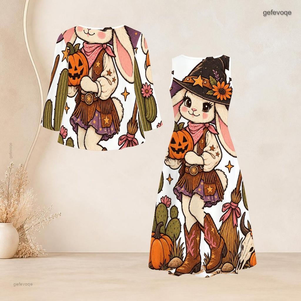 Women Plus Size Two Piece Dress Set Tie Neck Three Quarter Sleeve Cardigan Sleeveless Long Dress Halloween Ghost Pumpkin Printed White