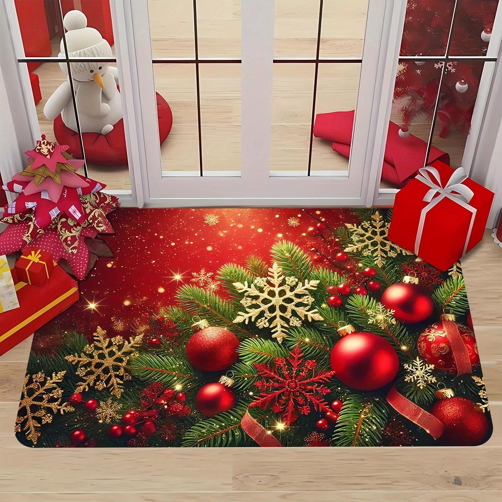 1pc Red‑Bell‑Holly‑Berry‑Snowflake Print Area Rug, Washable Indoor Floor Mat for Entryway,Game Room, Living Room, Study, Bedroom