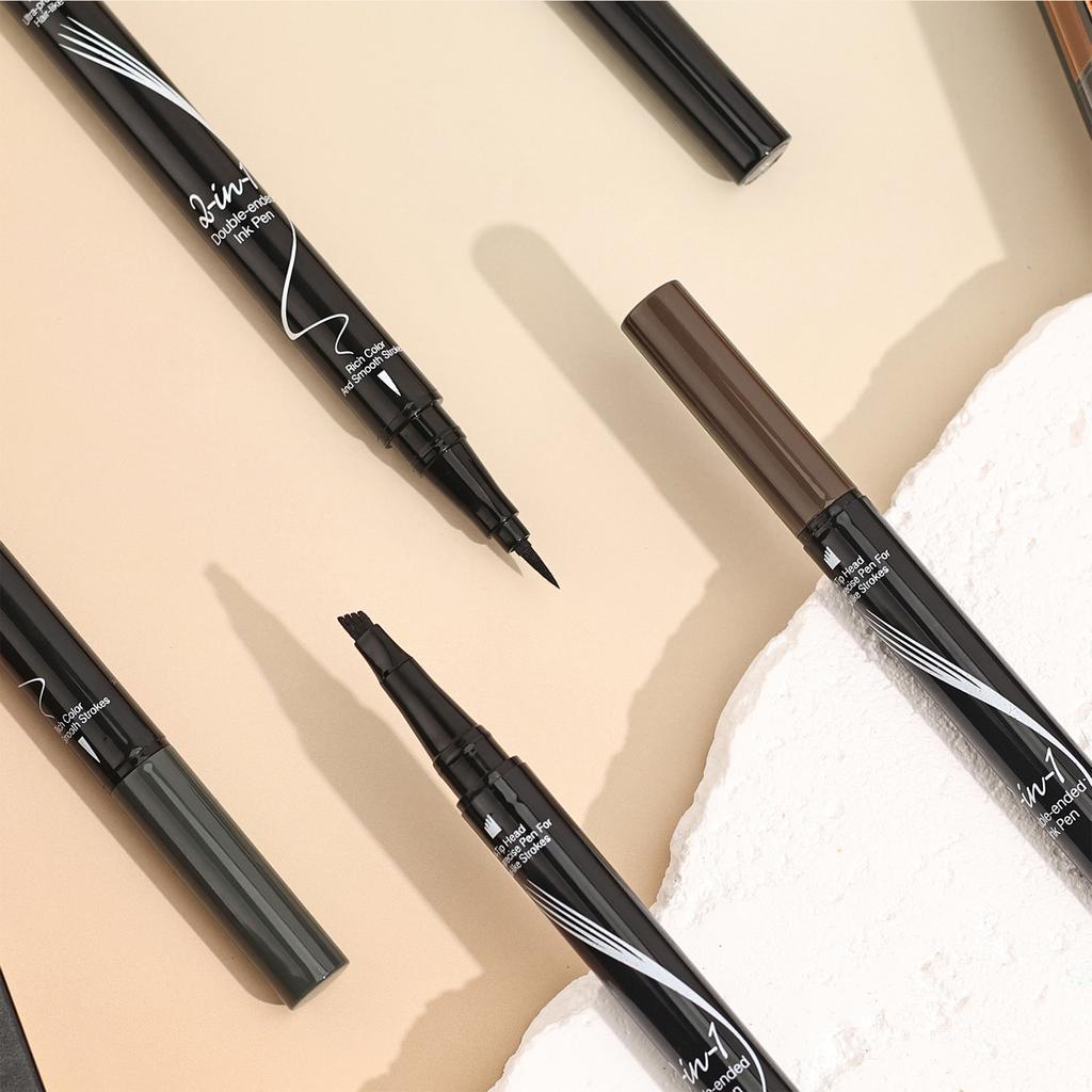 Dual-Tip Eyebrow Makeup Tool: Waterproof Pencil and Liquid Liner with Precision 4-Fork Brush for Defined Brows